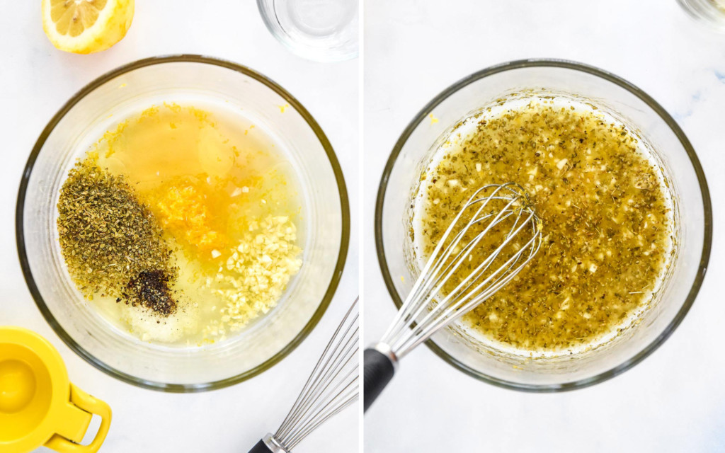 lemon olive oil marinade for chicken before and after stirring.