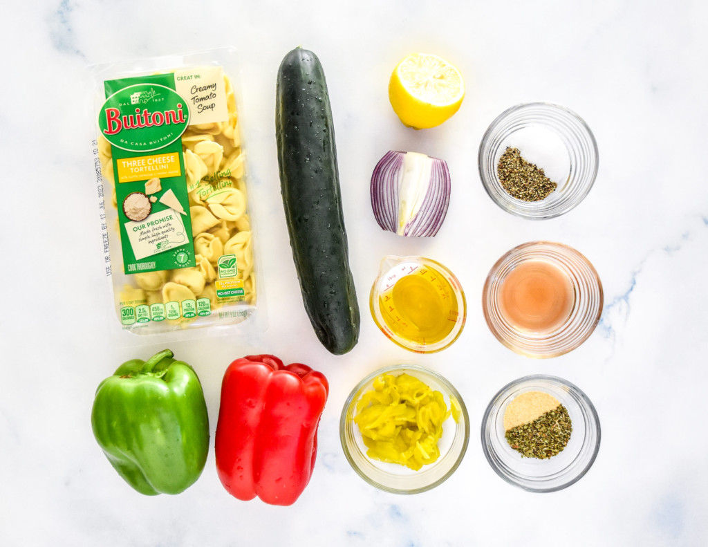 ingredients required to make the zesty italian tortellini pasta salad before starting.