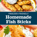 pin image with text for freezer-friendly homemade fish sticks.