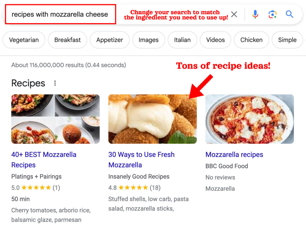 an example google search for recipes with mozzarella cheese.
