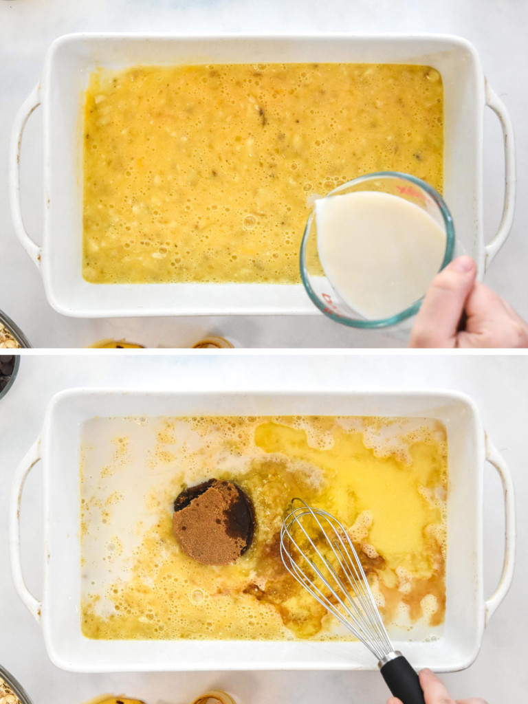 adding the milk and other wet ingredients to the bananas and eggs in a casserole dish.