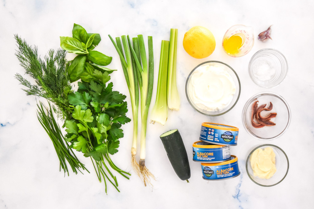 ingredients needed to make Green Goddess Tuna Salad.