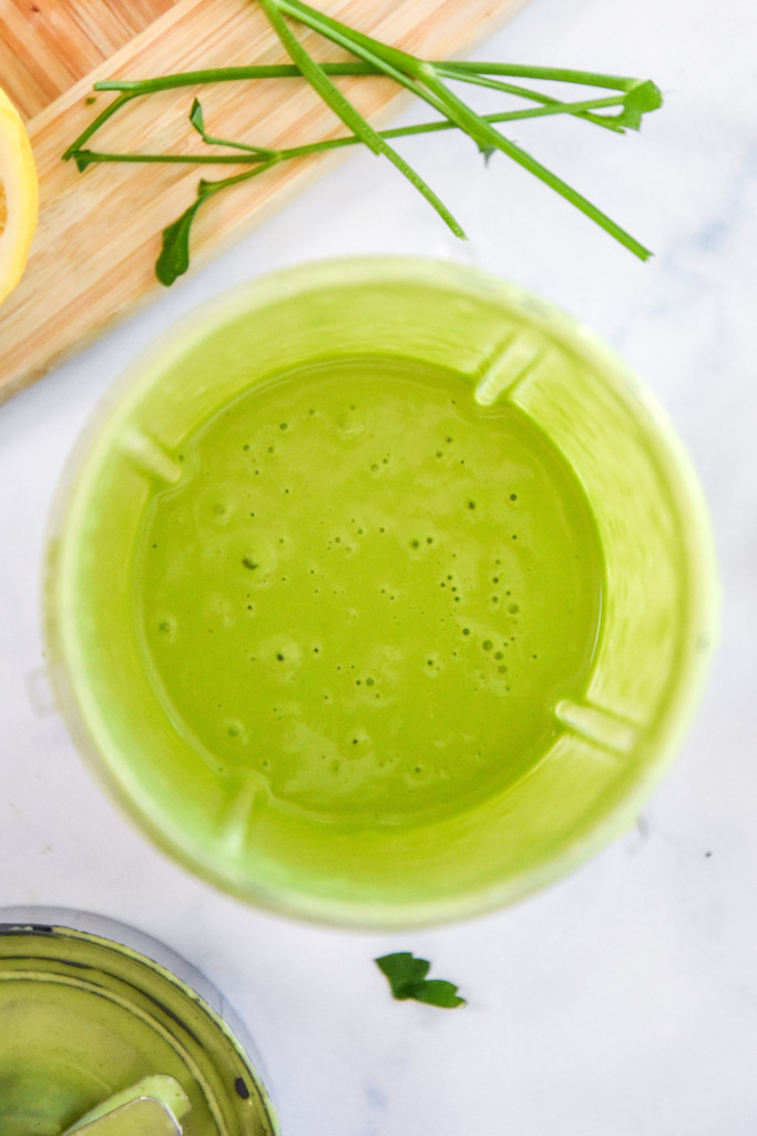 bright green goddess sauce blended together with the nutribullet.