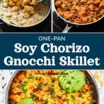 pin image with text for recipe one-pan soy chorizo gnocchi skillet.