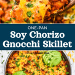 pin image with text for recipe one-pan soy chorizo gnocchi skillet.