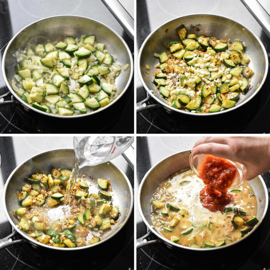 step by step of cooking the zucchini and onions for the one-pan soy chorizo gnocchi skillet.