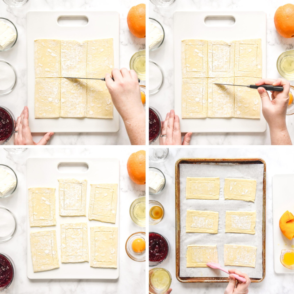 step by step grid of how to cut and score the puff pastry to make the leftover cranberry sauce cheese danish.