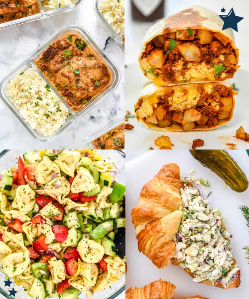 tuscan chicken, pinwheels, tortellini pasta salad, and dill pickle chicken salad collage picture.