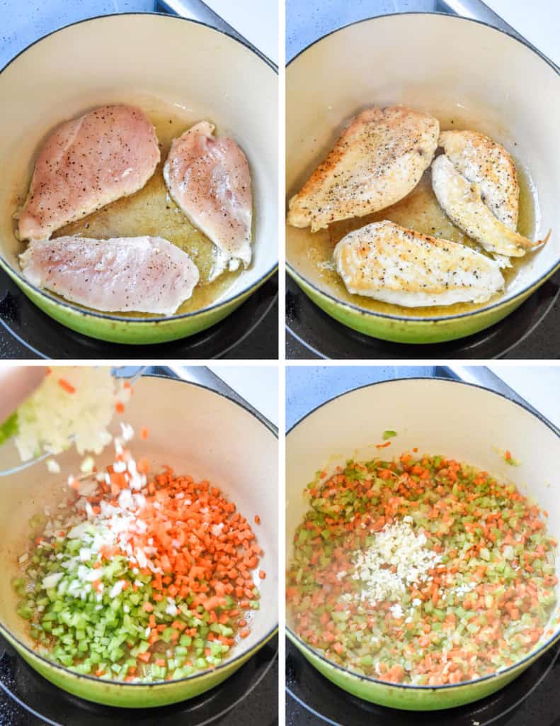 4 photo step by step of browning the chicken and  cooking the vegetables for the chicken soup.