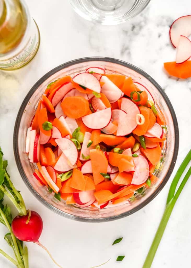 pickled veggie salad with carrots and radish to go with the banh mi inspired meal prep bowls.
