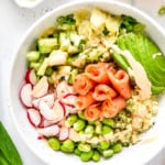 Easy smoked salmon rice bowls with creamy spicy mayo on top.