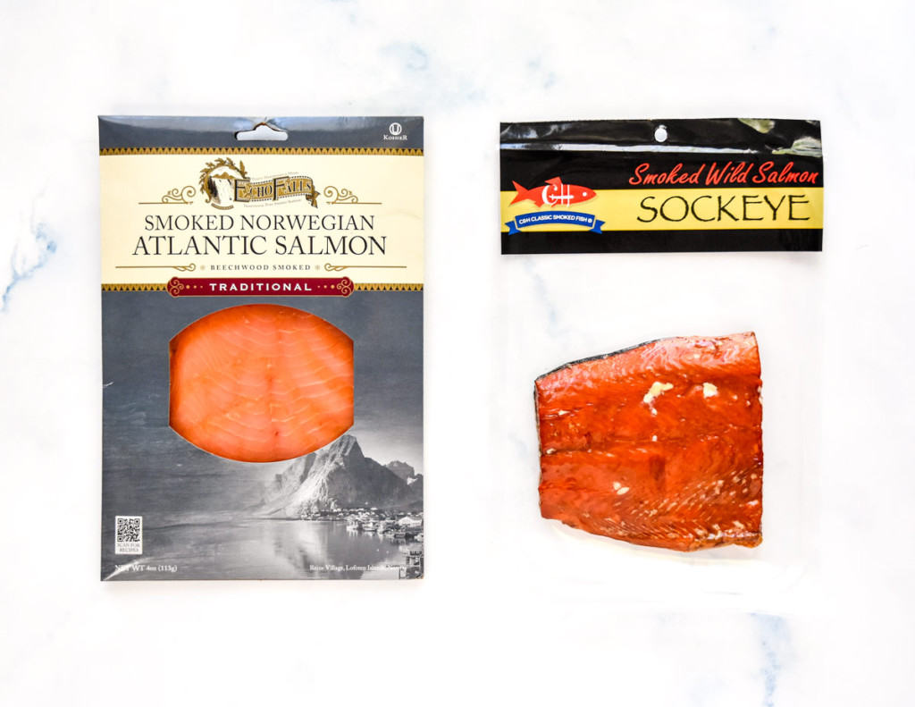 cold-smoked salmon and hot-smoked salmon in packaging.
