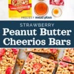 pin image with text for strawberry peanut butter cheerios bars.