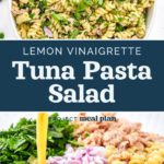 pin image with text for lemon vinaigrette tuna pasta salad.