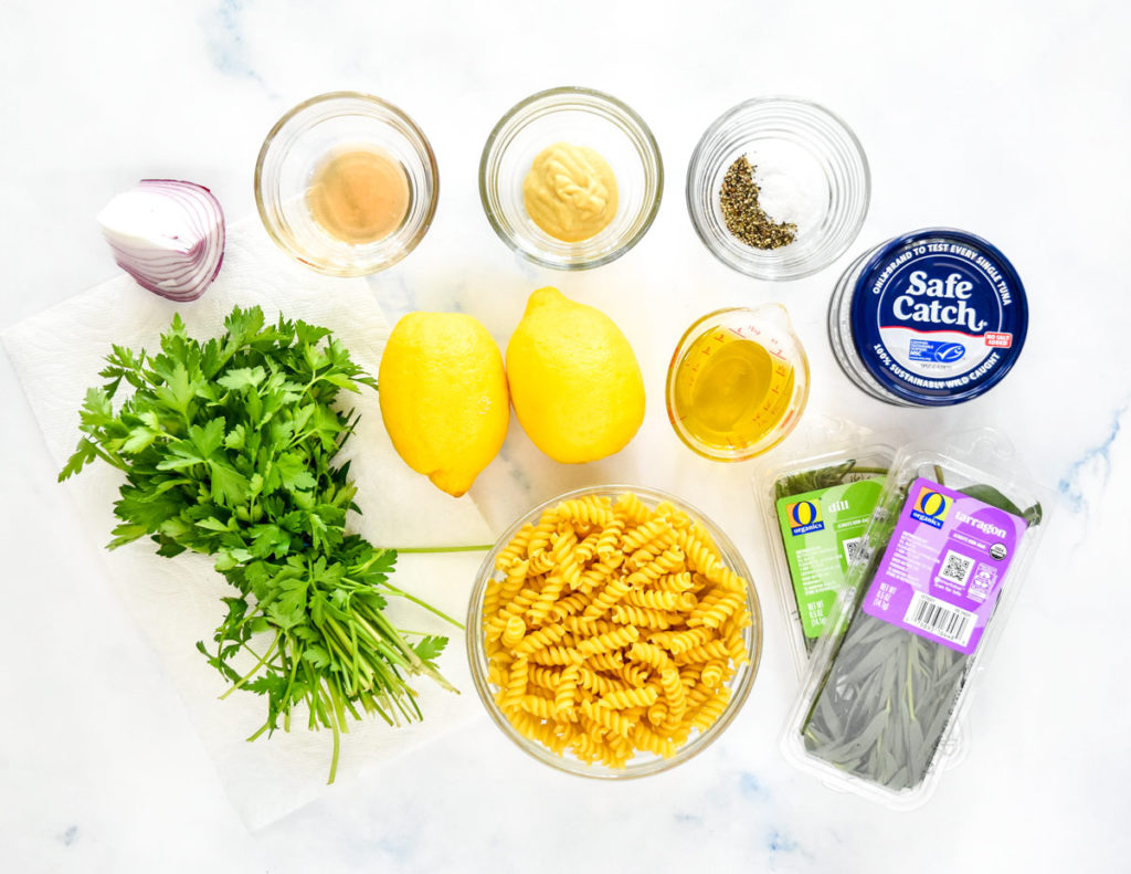 ingredients required for the lemon vinaigrette tuna pasta salad.