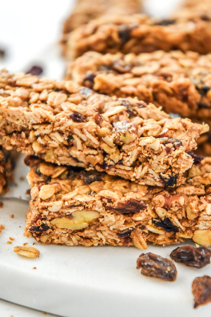 sliced chewy cinnamon granola bars from the side.