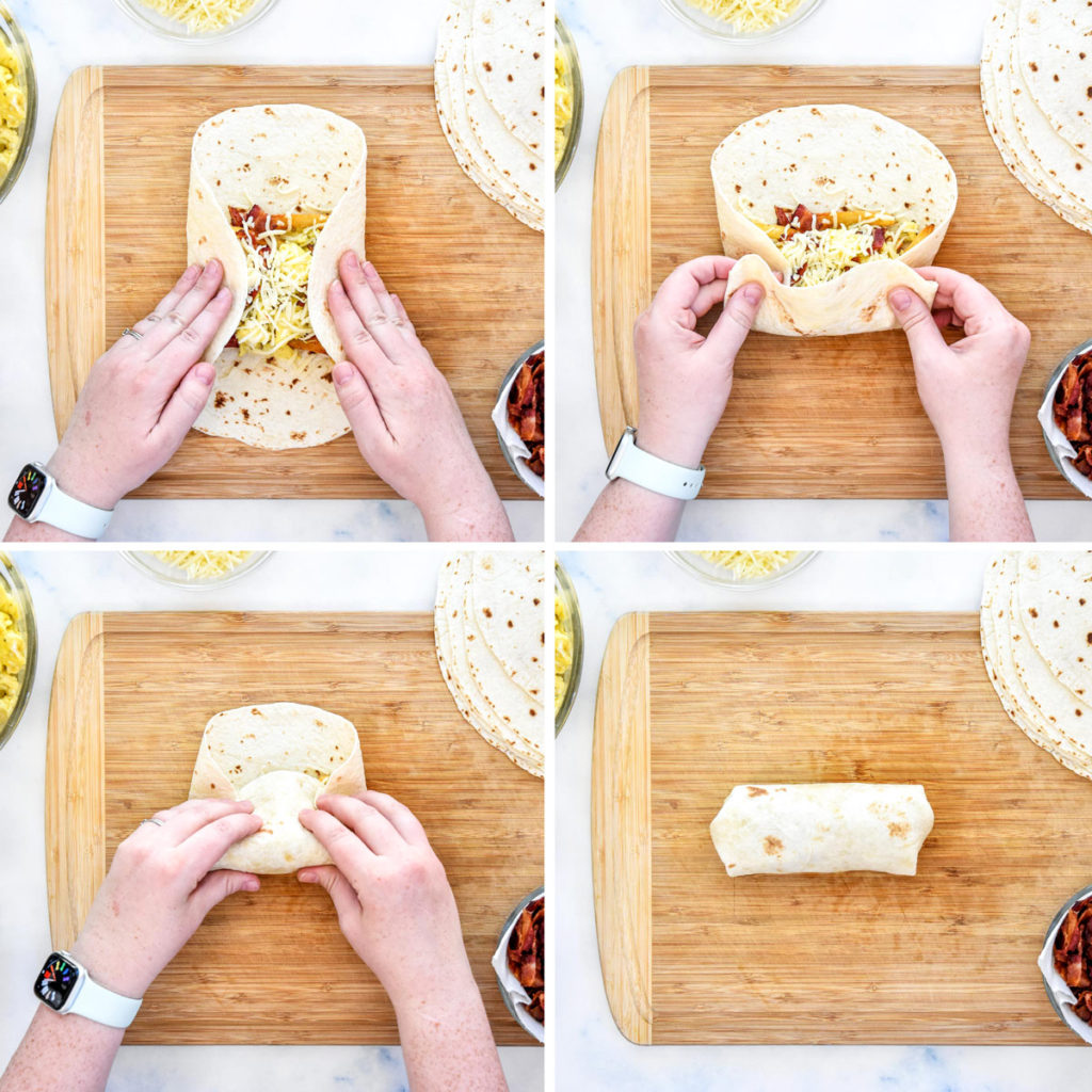 step by step of how to wrap a breakfast burrito.