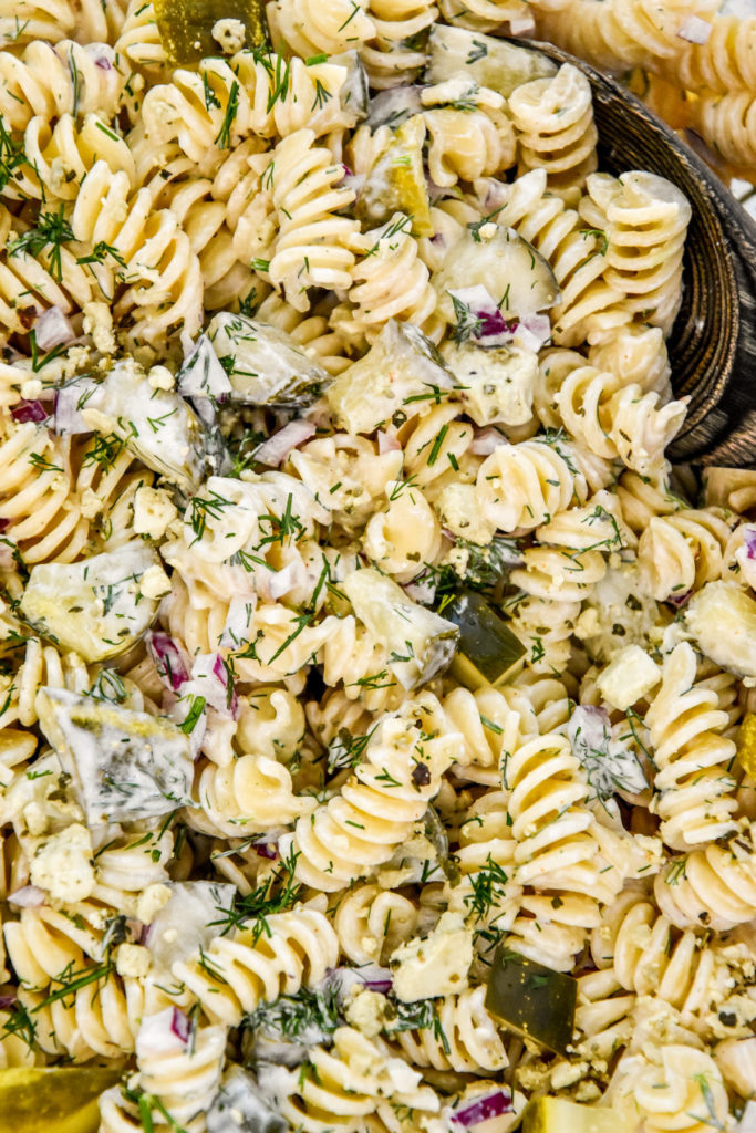 close up of creamy dill pickle pasta salad.