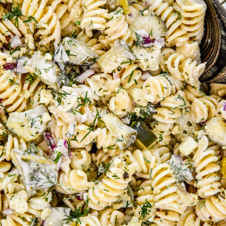 close up of creamy dill pickle pasta salad.