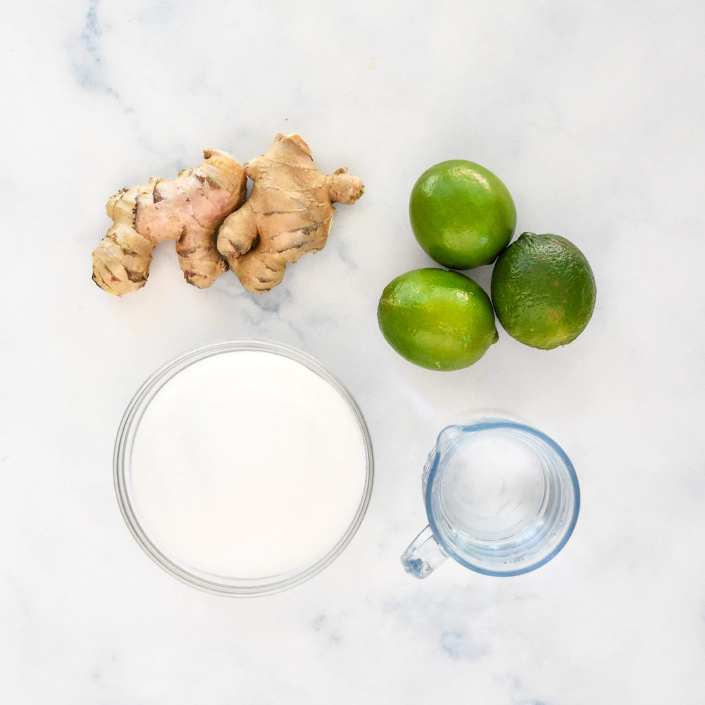 ingredients required to make a homemade ginger lime syrup.