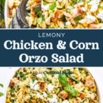 pin image with text for lemony chicken and corn orzo salad.