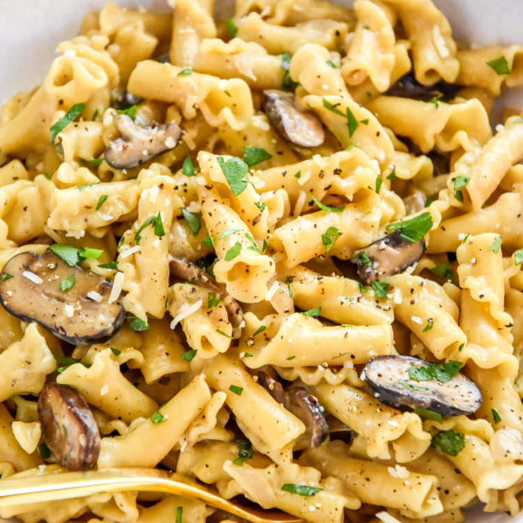 one pot creamy mushroom pasta in a white bowl with gold fork.