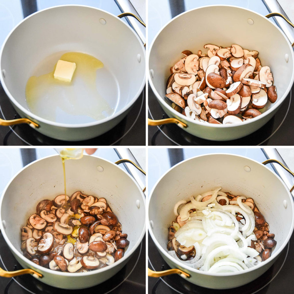 step by step of cooking mushrooms and onions in butter on the stovetop.