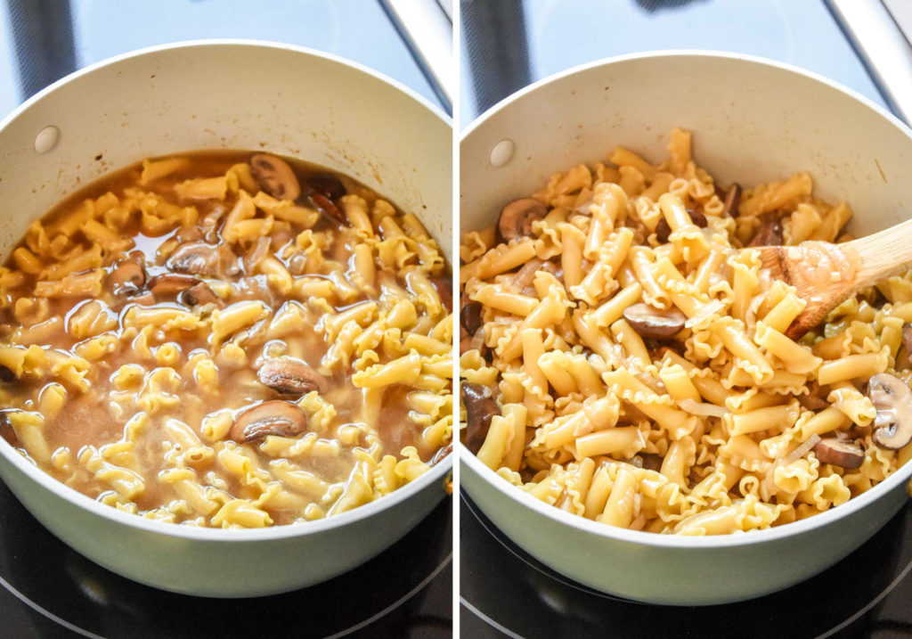 before and after cooking the pasta in one pot on the stove.