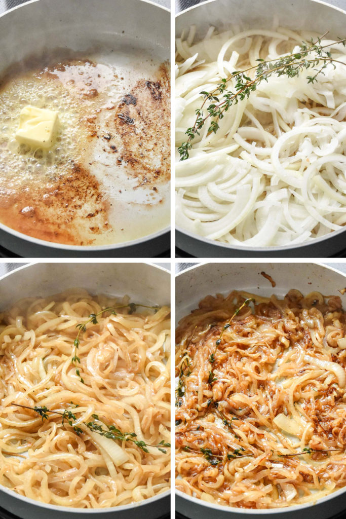 step by step photos of caramelizing onions with thyme.