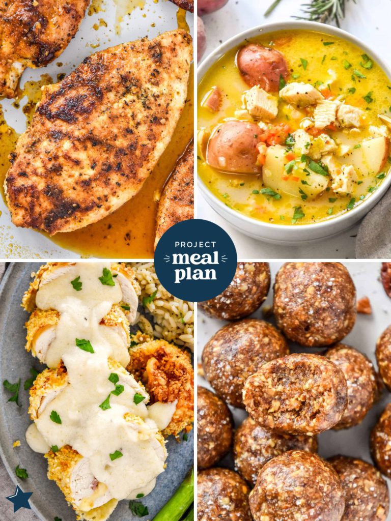 collage with 4 recipes includes stovetop chicken, potato chicken soup, and pecan pie balls.