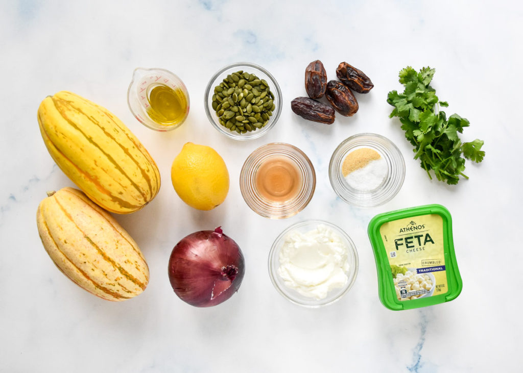 ingredients required for the squash salad laid out on a counter before starting cooking.