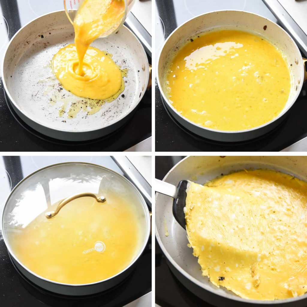 step by step of cooking the egg pancake in a nonstick skillet.