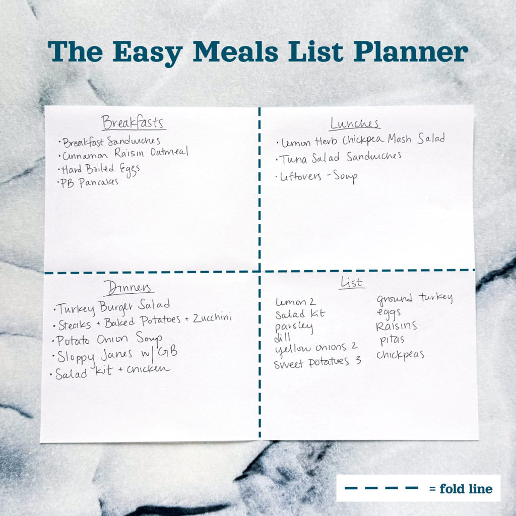 The easy meals list planner is a piece of paper folded twice, then meals are listed in each quadrant.