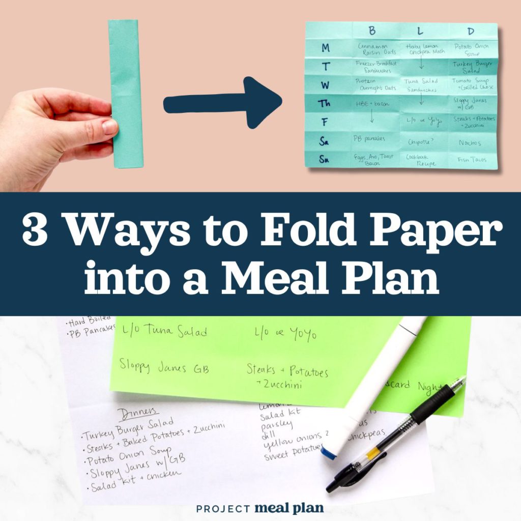 cover image with text  for 3 ways to fold paper into a meal plan, with folded sheets of paper and meal plans written on them.