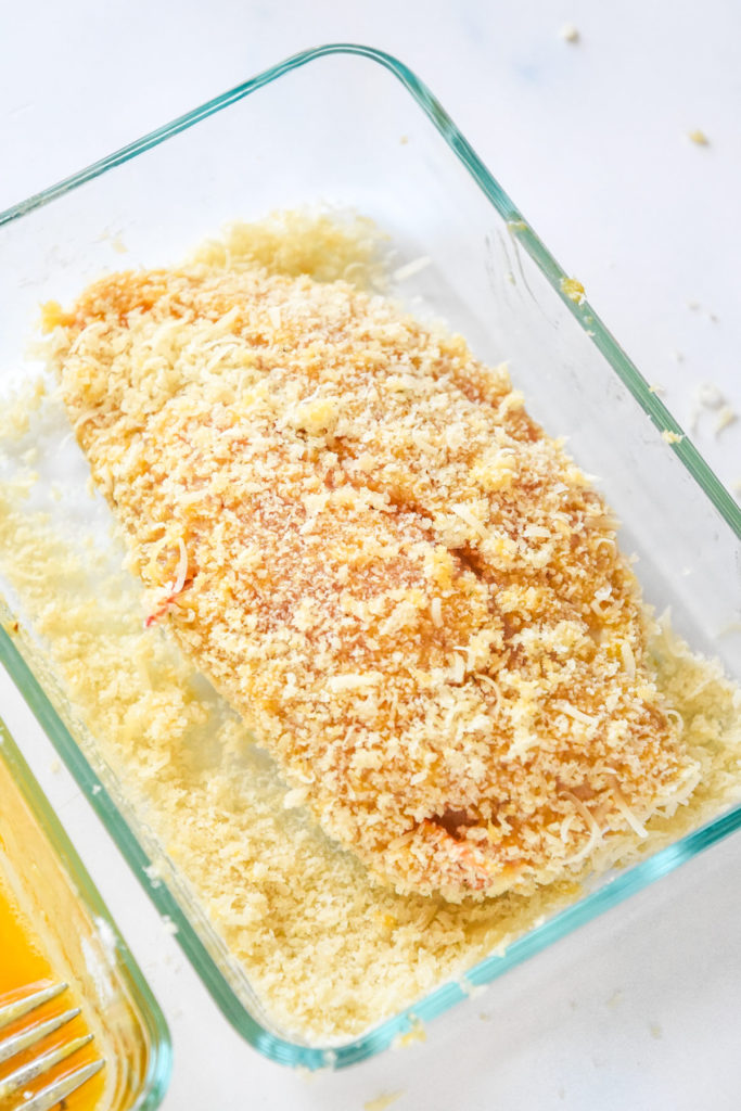 a stuffed chicken breast covered in panko breadcrumb coating.