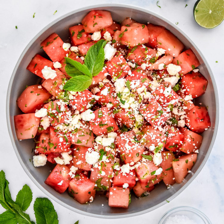 watermelon feta mint salad in a shallow serving bowl.