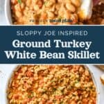 decorative pin image for sloppy ground turkey white bean skillet.