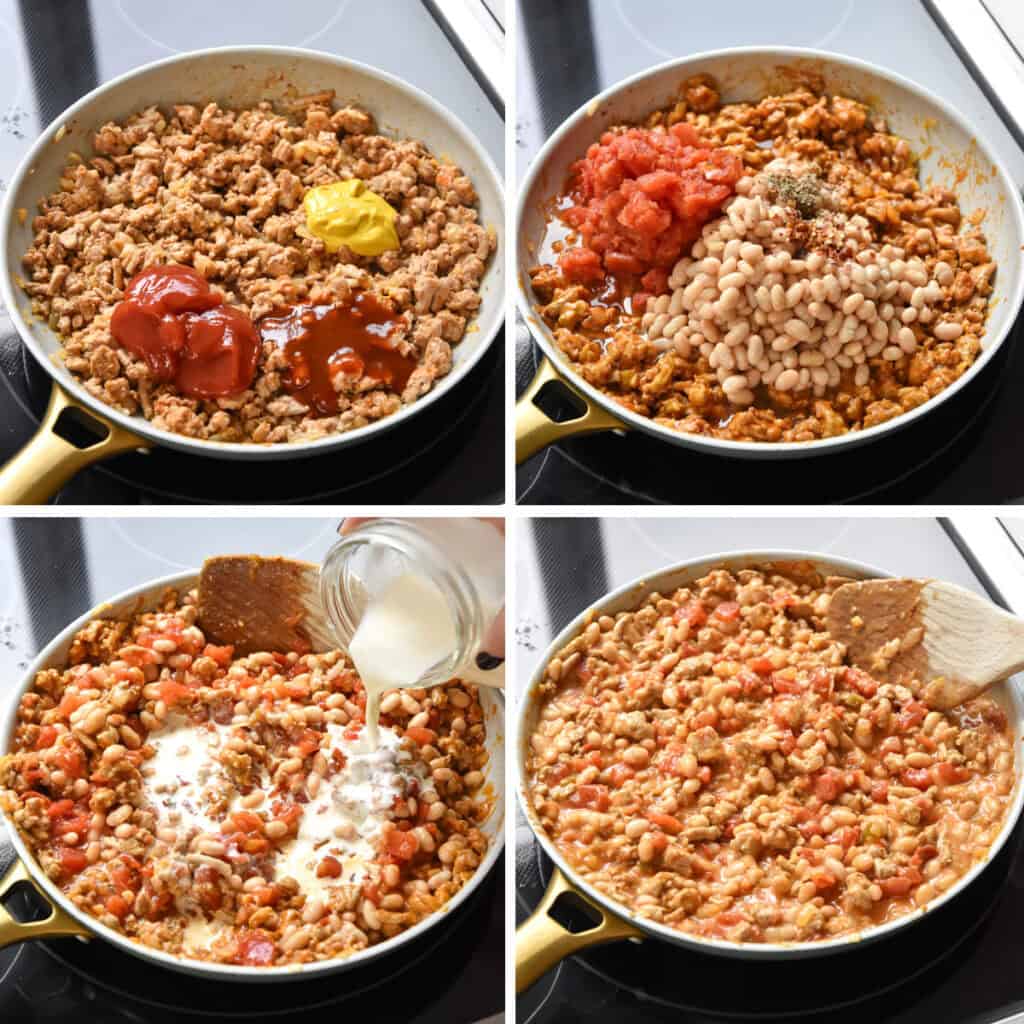 continued step by step pictures of adding sauce ingredients, beans and tomatoes to the sloppy ground turkey white bean skillet.