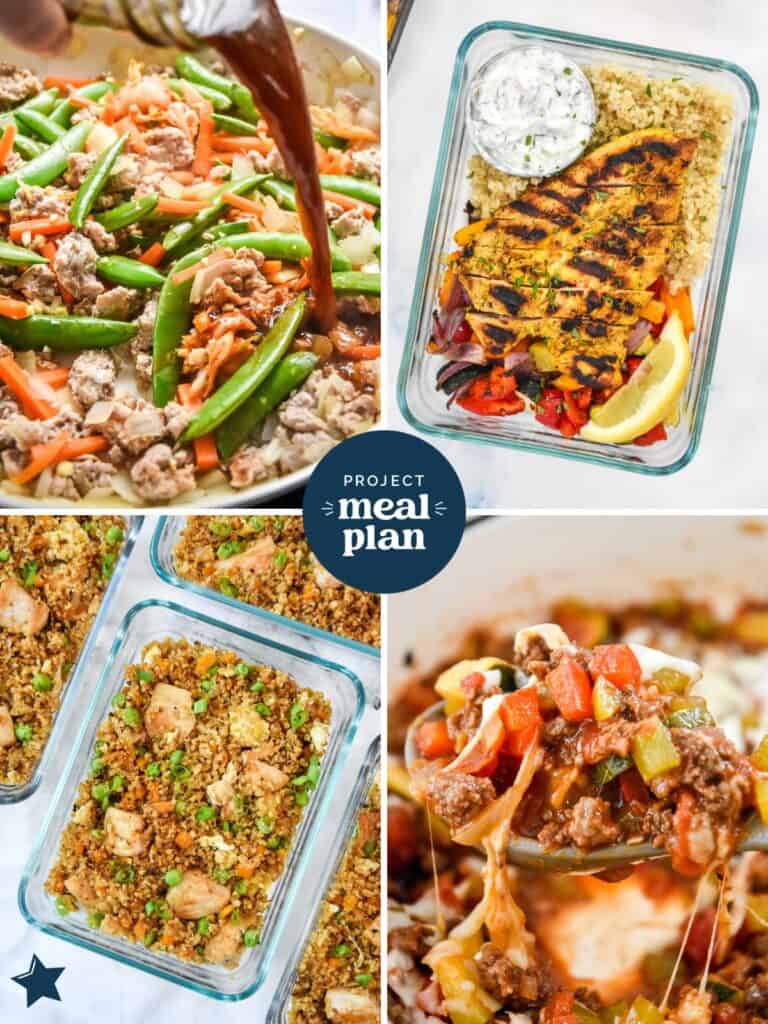 collage of meal prep lunch images, cooking and finished in glass containers.