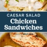decorative pin image for caesar salad chicken sandwiches.