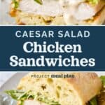 decorative pin image for caesar salad chicken sandwiches.