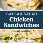 decorative pin image for caesar salad chicken sandwiches.