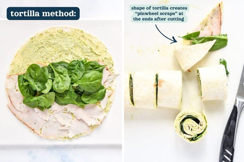 tortilla method for making turkey pesto pinwheels.