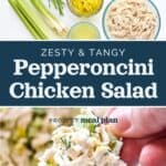 decorative pin image for zesty pepperoncini chicken salad.