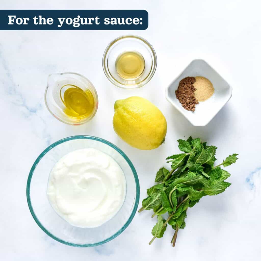 plain yogurt, mint, lemon, oil and spices before mixing together to make the yogurt sauce.