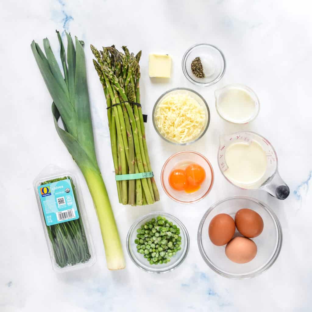 ingredients required to make the spring vegetable mini crustless quiches before prep.