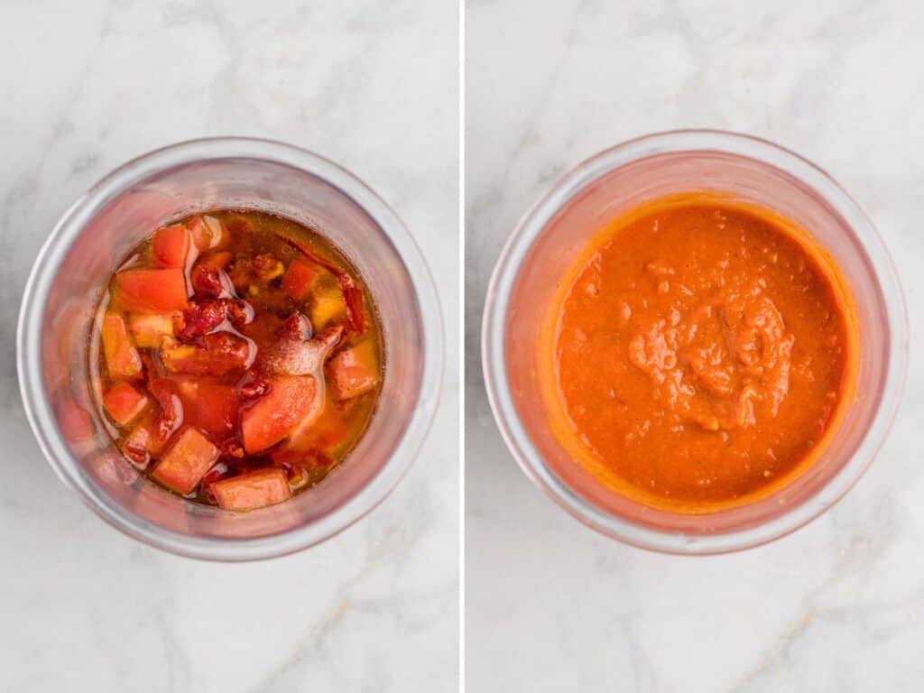 making a homemade tomato based vinaigrette in a bullet blender.