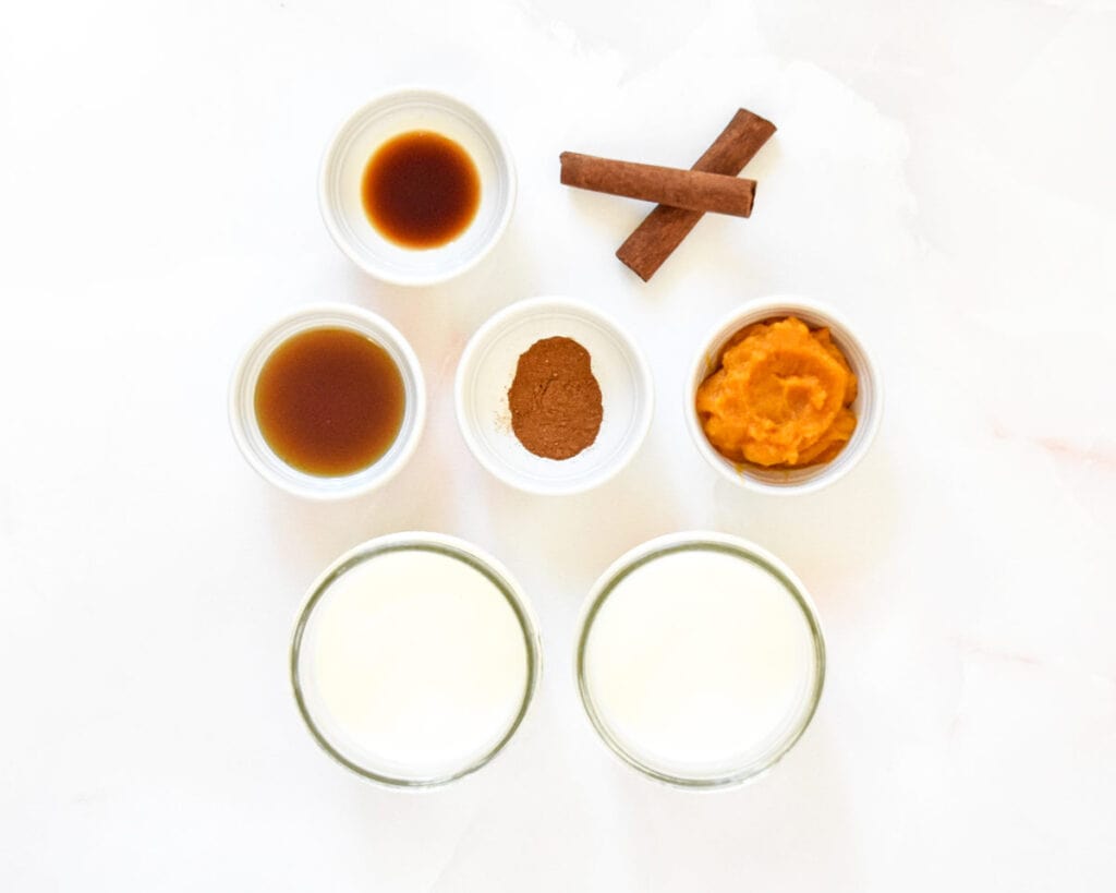 ingredients required to make homemade pumpkin spice coffee creamer.